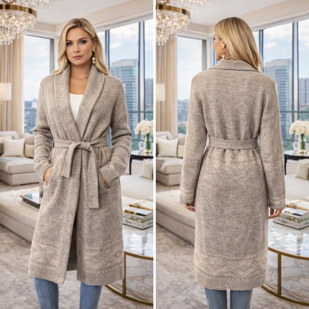 A Loves A,Belted Long Knit Duster Cardigan Neutral Cozy Sweater Coat Size L EUC